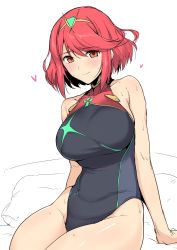 Rule 34 | 1girl, bare shoulders, competition swimsuit, gem, hair ornament, halcon, heart, highres, looking at viewer, nintendo, one-piece swimsuit, pyra (pro swimmer) (xenoblade), pyra (xenoblade), red eyes, red hair, short hair, sitting, smile, solo, sweat, swimsuit, thighs, tiara, unfinished, white background, xenoblade chronicles (series), xenoblade chronicles 2