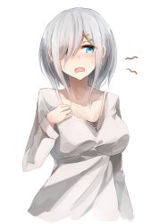Rule 34 | 10s, 1girl, alternate costume, bad id, bad pixiv id, blue eyes, blush, breasts, collarbone, hair ornament, hair over one eye, hairclip, hamakaze (kancolle), hand on own chest, highres, kantai collection, large breasts, long sleeves, looking at viewer, miyabino (miyabi1616), open mouth, short hair, silver hair, simple background, solo, sweat, upper body, white background