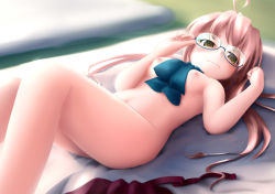 Rule 34 | 10s, 1girl, black skirt, breasts, brown eyes, closed mouth, glasses, grey hair, kantai collection, long twintails, looking at viewer, lying, makigumo (kancolle), navel, nipples, nude, on back, semi-rimless eyewear, skirt, unworn skirt, small breasts, solo, tsubasa (abchipika), twintails, under-rim eyewear