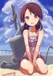 Rule 34 | 1girl, alternate hairstyle, artist name, blue sky, breasts, brown eyes, brown hair, casual one-piece swimsuit, cloud, commentary request, day, highres, kantai collection, low twintails, machinery, medium breasts, one-piece swimsuit, outdoors, pink one-piece swimsuit, puddinghomhom, railing, sand, shikinami (kancolle), sky, solo, swimsuit, twintails, v arms