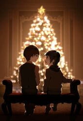 Rule 34 | 2boys, artist name, black hair, blurry, blurry background, brown hair, child, christmas, christmas tree, closed eyes, collared shirt, final fantasy, final fantasy xv, from behind, full body, glasses, hinoe (dd works), hood, hood down, hoodie, ignis scientia, indoors, long sleeves, looking at another, male focus, multiple boys, noctis lucis caelum, open mouth, shirt, short hair, sitting, smile, vest