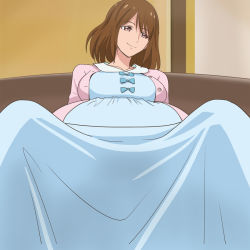 Rule 34 | 10s, 1girl, blue dress, brown hair, character request, closed mouth, dress, haruyama kazunori, hugtto! precure, looking to the side, mature female, pink eyes, precure, pregnant, short hair, smile, solo