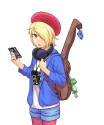 Rule 34 | androgynous, bag charm, blonde hair, blue jacket, blue shorts, brown eyes, camera, cellphone, character request, charm (object), copyright request, gender request, hair over one eye, hat, headphones, headphones around neck, highres, holding, holding phone, imizu futoshi, instrument case, jacket, long sleeves, looking at viewer, pantyhose, phone, pink pantyhose, red hat, shirt, short shorts, shorts, simple background, smartphone, standing, stuffed animal, stuffed frog, stuffed toy, white background, white shirt