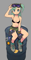 Rule 34 | 1girl, alternate costume, belt, bikini, bikini top only, blue eyes, blue hair, breasts, bulma, capsule corp, commentary request, dragon ball, dragon ball (object), drum (container), full body, gloves, unworn gloves, highres, looking at viewer, mago, short hair, shorts, single glove, sitting, solo, swimsuit, tongue, tongue out