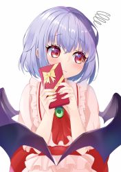 Rule 34 | 1girl, bat wings, brooch, commentary request, dress, ekidona, facing viewer, frills, gift, floral bow, highres, holding, holding gift, jewelry, light purple hair, looking to the side, no headwear, no headwear, pink dress, red eyes, remilia scarlet, shy, solo, spoken squiggle, squiggle, touhou, white background, wings