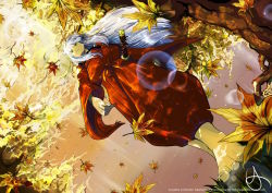Rule 34 | 1boy, barefoot, cloud, dog ears, dutch angle, feet, from below, highres, inuyasha, inuyasha (character), japanese clothes, jewelry, leaf, long hair, male focus, maple leaf, necklace, qsan90, shade, signature, solo, sunlight, sword, tree, walking, watermark, weapon, wide sleeves, yellow eyes