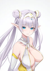 Rule 34 | 1girl, absurdres, bare shoulders, blue eyes, breasts, britomart (fate), britomart (final ascension) (fate), center opening, cleavage, collarbone, double bun, fate/grand order, fate (series), gold one-piece swimsuit, gold trim, grey hair, hair bun, hairband, highres, large breasts, long hair, looking at viewer, o-ring, one-piece swimsuit, pointy ears, smile, solo, swimsuit, taut clothes, taut swimsuit, twintails, two-tone swimsuit, very long hair, white one-piece swimsuit, yuniyuni