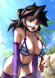 Rule 34 | 1girl, artist name, bikini, black eyes, black hair, blue sky, borrowed character, bow, breasts, cleavage, cloud, cosplay, crab, day, elbow gloves, funi xd, gloves, highres, large breasts, long hair, lucia (scott malin), me!me!me!, meme (me!me!me!), meme (me!me!me!) (cosplay), navel, open mouth, original, outdoors, plant, purple gloves, purple thighhighs, red bow, shadow, sky, solo, striped bikini, striped clothes, swimsuit, thighhighs, tree
