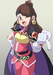 Rule 34 | 1girl, armor, belt, breasts, brown hair, cape, cosplay, cowboy shot, earrings, fang, gloves, gold earrings, gradient background, grey background, hand on own hip, headband, highres, jewelry, kagari atsuko, lina inverse, lina inverse (cosplay), little witch academia, long hair, one eye closed, open mouth, pauldrons, popopo, short sleeves, shoulder armor, slayers, solo, white gloves