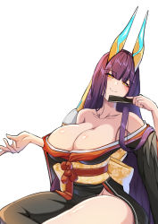 Rule 34 | 1girl, absurdres, bad id, bad pixiv id, blush, breasts, cleavage, closed eyes, collarbone, echidna (last origin), engineer kim, highres, japanese clothes, kimono, large breasts, last origin, long hair, looking at viewer, purple hair, side slit, smile, solo, thighs, very long hair, white background, yellow eyes