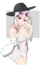 Rule 34 | 1girl, absurdres, ayuko (mochiayuko), azur lane, black headwear, breasts, butterfly hair ornament, cleavage, dress, drill hair, dunkerque (afternoon venus) (azur lane), dunkerque (afternoon venus) (azur lane), dunkerque (azur lane), eyewear on head, french flag, grey hair, hair between eyes, hair ornament, highres, jacket, large breasts, long hair, looking at viewer, microdress, off-shoulder jacket, off shoulder, red eyes, simple background, solo, sunglasses, tinted eyewear, white dress, white jacket