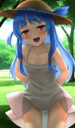 Rule 34 | 1girl, :d, arms behind back, bare shoulders, blue hair, blue ribbon, blush, brown hat, collarbone, cowboy shot, dress, flat chest, furrowed brow, grass, hat, hat ribbon, kotonoha aoi, kurione (zassou), legs apart, long hair, looking at viewer, one side up, open mouth, outdoors, pink eyes, ribbon, smile, solo, sun hat, sundress, thighs, tree, voiceroid, white dress