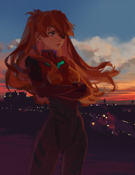 Rule 34 | 1girl, artist request, bodysuit, breasts, brown hair, crossed arms, evangelion: 3.0 you can (not) redo, evening, eyepatch, floating hair, hair ornament, highres, interface headset, lips, long hair, looking to the side, medium breasts, neon genesis evangelion, plugsuit, rebuild of evangelion, shiny clothes, simple background, solo, souryuu asuka langley, two side up, very long hair, wide hips