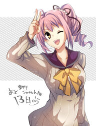 Rule 34 | 1girl, countdown, drill hair, highres, kugayama rion, long sleeves, looking at viewer, one eye closed, open mouth, pink hair, satsuki (chaosmode), school uniform, sidelocks, single drill, smile, striped, striped background, sweater, tokyo xanadu, translation request, uniform, upper body, v, yellow eyes