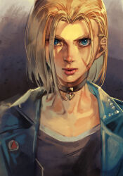 Rule 34 | 1girl, blonde hair, blue eyes, blue jacket, cammy white, capcom, choker, collarbone, facial scar, hungry clicker, jacket, lips, looking at viewer, scar, scar on cheek, scar on face, short hair, simple background, solo, street fighter, street fighter 6, studded jacket
