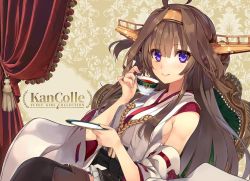Rule 34 | 1girl, ahoge, aiguillette, bare shoulders, black skirt, blush, boots, breasts, brown hair, chair, closed mouth, cup, curtains, detached sleeves, double bun, dutch angle, hair bun, hairband, headgear, holding, holding cup, holding saucer, japanese clothes, kantai collection, kongou (kancolle), kongou kai ni (kancolle), long hair, looking at viewer, medium breasts, nontraditional miko, open mouth, petticoat, pinky out, purple eyes, saucer, shirokitsune, sideboob, sidelocks, sitting, skirt, smile, solo, teacup, thigh boots, thighhighs, wide sleeves