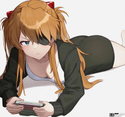 Rule 34 | 1girl, 3180118742, absurdres, artist name, ass, black jacket, blue eyes, breasts, brown hair, cleavage, collarbone, controller, downblouse, eyepatch, frown, hair between eyes, highres, holding, holding controller, interface headset, jacket, long hair, lying, neon genesis evangelion, on stomach, shirt, simple background, solo, souryuu asuka langley, white background, white shirt