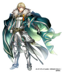 Rule 34 | 1boy, belt, blonde hair, blue eyes, boots, border break, cape, company name, full body, fur trim, gloves, green cape, hand on own hip, looking at viewer, male focus, matsutooooka46t, official art, simple background, smile, solo, standing, white background, white gloves