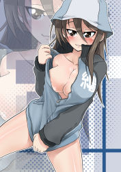 Rule 34 | 10s, 1girl, :3, blue hat, blush, bottomless, breasts, brown eyes, brown hair, cleavage, collarbone, covering crotch, covering privates, emblem, girls und panzer, hair between eyes, hat, highres, hood, hoodie, jacket, jacket tug, large breasts, long hair, long sleeves, looking at viewer, mika (girls und panzer), military, military uniform, naked jacket, open clothes, open jacket, ryuu tou, solo, track jacket, uniform, wavy mouth, zoom layer