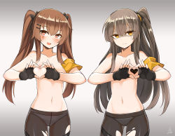 Rule 34 | ..., 2girls, :3, :d, artist name, black bow, black gloves, black pantyhose, blush, bow, breasts, brown eyes, brown hair, collarbone, cowboy shot, crotch seam, fingerless gloves, flat chest, girls&#039; frontline, gloves, gradient background, grey hair, hair between eyes, hair bow, hair ornament, hairclip, half-closed eyes, heart, heart-shaped boob challenge, heart hands, long hair, looking at viewer, mou tama maru, multiple girls, navel, one side up, open mouth, panties, panties under pantyhose, pantyhose, parted lips, scar, scar across eye, scar on face, shaded face, siblings, sidelocks, signature, sisters, small breasts, smile, speech bubble, spoken ellipsis, topless, torn clothes, torn legwear, tsurime, twins, ump45 (girls&#039; frontline), ump9 (girls&#039; frontline), underwear