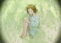 Rule 34 | 1girl, air bubble, bad id, bad tumblr id, barefoot, brown hair, bubble, celry, closed eyes, dress, facing viewer, floating hair, from side, full body, haibane renmei, hands on own knees, hands up, highres, hugging own legs, knees to chest, knees up, legs together, light blush, long sleeves, muted color, off shoulder, parted lips, rakka (haibane), short hair, signature, sleeping, sleeping upright, solo, toes, u u, underwater, vignetting, white dress, wide sleeves