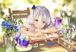 Rule 34 | 1girl, blouse, blue eyes, blurry, book, bug, butterfly, chair, commentary request, cup, depth of field, drinking glass, flower, food, fruit, gilse, holding, holding spoon, insect, lemon, lemon slice, long hair, open book, original, shirt, silver hair, sitting, solo, spoon, white shirt