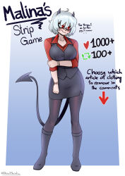Rule 34 | 1girl, absurdres, breasts, collared shirt, danaoharah, demon horns, demon tail, english text, helltaker, highres, horns, large breasts, malina (helltaker), meme, red eyes, red shirt, shirt, solo, tail, twitter strip game (meme)