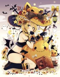 Rule 34 | 1girl, animal ears, animal hat, bare shoulders, black footwear, black gloves, black panties, black socks, blonde hair, blush, book, boots, bow, braid, breasts, brown eyes, burning, candle, candy, cat ears, cat hat, commentary request, crescent, crop top, cross, diagonal stripes, fang, fire, flower, food, frilled socks, frills, gloves, hair between eyes, hair over shoulder, halloween, hands up, hat, head tilt, highres, jack-o&#039;-lantern, knee boots, kneehighs, lantern, lollipop, long hair, looking at viewer, looking to the side, mirrored text, open book, orange hair, orange hat, original, panties, parted lips, red flower, rose, sakura oriko, seiza, silk, single braid, sitting, small breasts, smile, socks, solo, sparkle, spider web, star (symbol), striped, striped bow, swirl lollipop, underwear, white flower, white rose, yellow bow, yellow flower, yellow rose