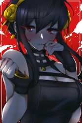 Rule 34 | 1340smile, 1girl, absurdres, bare shoulders, black hair, blood, blood on face, blush, breasts, choker, cleavage, hairband, highres, holding, holding weapon, large breasts, red background, red eyes, simple background, solo, spy x family, upper body, weapon, yor briar