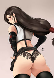 Rule 34 | 1girl, absurdres, artist name, ass, bare shoulders, black gloves, black hair, black panties, black thighhighs, breasts, brown eyes, brown hair, butt crack, closed mouth, clothes lift, female focus, final fantasy, final fantasy vii, final fantasy vii remake, fingerless gloves, from behind, gloves, highres, huge ass, large breasts, long hair, looking back, low-tied long hair, midriff, panties, pencil skirt, shirt, sideboob, skindentation, skirt, solo, standing, suspender skirt, suspenders, tank top, taut clothes, taut shirt, thighhighs, thighs, thong, tifa lockhart, underwear, xkit
