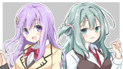 Rule 34 | 2girls, :d, aqua hair, beads, blush, border, bow, bowtie, breasts, brown vest, close-up, collared shirt, comiket 96, commentary request, double-parted bangs, eyes visible through hair, green eyes, grey background, hair beads, hair between eyes, hair ornament, hand up, happy, ise kotori, jacket, large breasts, long hair, long sleeves, looking at viewer, multiple girls, necktie, one side up, open mouth, purple eyes, purple hair, red bow, red bowtie, red necktie, riddle joker, school uniform, shikibe mayu, shirt, side-by-side, sidelocks, signature, simple background, smile, usetsusakon2, vest, white border, white shirt, wing hair ornament, yellow jacket