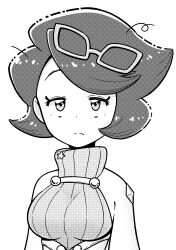 Rule 34 | 1girl, absurdres, big hair, breasts, buttons, capelet, closed mouth, creatures (company), eyewear on head, game freak, glasses, greyscale, half-closed eyes, highres, large breasts, long sleeves, mature female, monochrome, nintendo, pokemon, pokemon sm, ribbed sweater, sleepy, solo, sweater, turtleneck, turtleneck sweater, wicke (pokemon), ziburikito