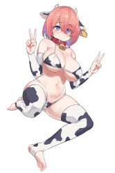 Rule 34 | 1girl, absurdres, animal ears, animal print, aningay, bare shoulders, bell, bikini, blue eyes, braid, breasts, collar, copyright request, cow ears, cow horns, cow print, detached sleeves, double v, eyes visible through hair, full body, highres, horns, large breasts, long sleeves, multicolored hair, navel, neck bell, no shoes, pink hair, print bikini, purple hair, red collar, simple background, single braid, solo, stirrup legwear, streaked hair, swimsuit, toeless legwear, v, white background