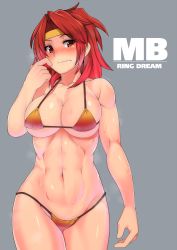 Rule 34 | 1girl, bikini, blush, breasts, cleavage, finger to face, hairband, headband, kupala, large breasts, looking at viewer, micro bikini, muscular, muscular female, navel, orange bikini, prominence katou, red eyes, red hair, ring dream, scratching, simple background, solo, steam, sweat, swimsuit, toned, underboob