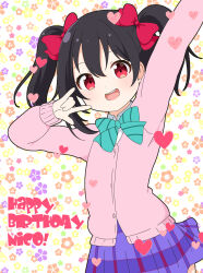 Rule 34 | 1girl, :d, arm up, black hair, blue bow, blue skirt, bow, cardigan, character name, collared shirt, commentary request, diagonal-striped bow, floral background, hair between eyes, hair bow, hand up, happy birthday, heart, highres, long sleeves, looking at viewer, love live!, love live! school idol project, mitya, open mouth, pink cardigan, plaid, plaid skirt, pleated skirt, puffy long sleeves, puffy sleeves, red bow, red eyes, school uniform, shirt, sidelocks, simple background, skirt, sleeves past wrists, smile, solo, twintails, white background, white shirt, yazawa nico