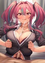 Rule 34 | 1boy, 1girl, :q, absurdres, azur lane, blush, breasts, breasts squeezed together, bremerton (azur lane), cardigan, censored, collared shirt, cum, cum on body, cum on breasts, cum on upper body, earrings, green nails, hair between eyes, heavy breathing, hetero, highres, huge breasts, jewelry, long hair, looking at viewer, mole, mole on breast, mole under eye, momo no sukebe, mosaic censoring, multicolored hair, multiple earrings, nail polish, paizuri, paizuri under clothes, penis, pink eyes, pink hair, pov, shirt, solo focus, streaked hair, sweat, tongue, tongue out, twintails, white shirt
