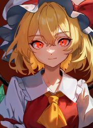 Rule 34 | 1girl, ascot, blonde hair, crystal wings, dress, flandre scarlet, glowing, glowing eyes, hat, hat ribbon, highres, mob cap, red background, red dress, red ribbon, ribbon, side ponytail, simple background, smile, solo, touhou, upper body, user sjxt3358, yellow ascot