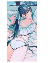 Rule 34 | ass, bikini, black hair, border, cup, drunk, fate/grand order, fate (series), from above, from behind, green nails, hair ribbon, hand on own cheek, hand on own face, holding, holding cup, jing ke (fate), jing ke (water shine) (fate), katagiri (mighty swing), leg up, looking at viewer, looking back, lying, nail polish, on bed, on stomach, pillow, ribbon, swimsuit, thighs, white border