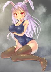 Rule 34 | 1girl, animal ears, breast lift, breasts, brown thighhighs, cleavage, collarbone, female focus, kazo (kazozakazo), large breasts, long hair, looking at viewer, one-piece swimsuit, open mouth, purple hair, rabbit ears, red eyes, reisen udongein inaba, school swimsuit, sitting, solo, sweat, swimsuit, thighhighs, touhou, very long hair, wariza