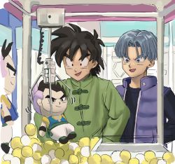 Rule 34 | 2boys, ball, black eyes, black hair, blue eyes, brush stroke, character doll, child, commentary request, day, dragon ball, dragon ball super, dragon ball super super hero, gotenks, highres, jacket, long sleeves, male focus, multiple boys, open mouth, outdoors, purple hair, purple jacket, short hair, smile, son goten, spiked hair, stuffed toy, tommmmieee, toy, trunks (dragon ball), vending machine, window