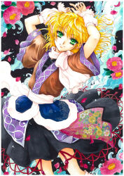 Rule 34 | 1girl, absurdres, acrylic paint (medium), arm warmers, arms up, blonde hair, female focus, flower, green eyes, highres, mizuhashi parsee, painting (medium), petals, sagami, scarf, short hair, smile, solo, touhou, traditional media