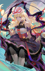 Rule 34 | 1girl, alternate color, alternate costume, arm ribbon, artistic error, backlighting, bare shoulders, black dress, black gloves, blonde hair, bow, breasts, bug, butterfly, caustics, choker, commentary request, darkness, day, dress, dutch angle, floating, floating hair, frilled skirt, frills, gap (touhou), gloves, gradient ribbon, hair bow, hat, hat ribbon, highres, holding, holding umbrella, insect, lace, lace-trimmed gloves, lace-trimmed skirt, lace trim, large breasts, long hair, looking at viewer, luomo, mob cap, parted lips, pink lips, purple choker, purple eyes, purple pupils, purple ribbon, purple skirt, red bow, red ribbon, red sash, ribbon, sash, see-through, shiny clothes, shirt, sidelocks, sideways glance, sitting, skirt, sleeveless, sleeveless dress, smile, soaking feet, solo, sunset, touhou, transparent, transparent butterfly, transparent umbrella, umbrella, very long hair, water, white hat, white legwear, white shirt, wind, yakumo yukari