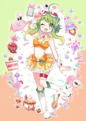 Rule 34 | 1girl, ;d, arm up, bare shoulders, blush, boots, cake, cake slice, candy, candy apple, candy wrapper, cellphone, crop top, cup, drink, drinking glass, food, frilled skirt, frills, fruit, full body, goggles, goggles on head, green eyes, green hair, gumi, highres, ie (nyj1815), knee boots, lollipop, long hair, makeup brush, one eye closed, open mouth, orange vest, peach, phone, pleated skirt, sidelocks, skirt, smile, solo, sparkle, standing, standing on one leg, swirl lollipop, v, vest, vocaloid, white footwear, wrist cuffs, yellow skirt