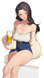 Rule 34 | 1girl, alcohol, bare shoulders, beer, blush, breasts, camisole, collarbone, crossed legs, cup, denim, denim shorts, drinking glass, drunk, earrings, fushe, highres, holding, holding cup, jacket, jewelry, large breasts, long sleeves, looking at viewer, off shoulder, open clothes, open jacket, open mouth, original, paid reward available, shirt, shorts, simple background, sitting, smile, solo, spaghetti strap, strap slip, thighs, wet, white background, white shirt