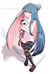 Rule 34 | 10s, 1girl, bad id, bad pixiv id, blue eyes, blue hair, bow, breasts, cat, colored inner hair, cream (nipakupa), hair bow, honekoneko, honekoneko (psg), long hair, matching hair/eyes, multicolored hair, panty &amp; stocking with garterbelt, pussy, simple background, smile, solo, stocking (psg), striped clothes, striped thighhighs, stuffed animal, stuffed cat, stuffed toy, thighhighs, tongue, uncensored, very long hair, white background