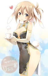 Rule 34 | 1girl, animal ears, aoyama blue mountain, blonde hair, blush, breasts, brown eyes, china dress, chinese clothes, cleavage, cup, dress, elbow gloves, eretto, gloves, gochuumon wa usagi desu ka?, heart, houbunsha, looking at viewer, no panties, plate, rabbit ears, rabbit tail, short hair, simple background, smile, solo, tail, teacup, white gloves