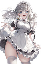 Rule 34 | 1girl, apron, black dress, blue eyes, blush, clothes lift, dress, dress lift, earrings, frilled apron, frilled dress, frills, highres, jewelry, lifted by self, long hair, maid, maid apron, maid headdress, myless, open mouth, original, puffy short sleeves, puffy sleeves, ribbon, short sleeves, skindentation, smile, solo, standing, thighhighs, thighs, white apron, white hair, white thighhighs, wrist cuffs