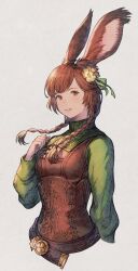 Rule 34 | 1girl, absurdres, animal ears, arm at side, belt, braid, brown eyes, brown hair, brown vest, collared jacket, commentary, cropped torso, final fantasy, final fantasy xiv, flower, from side, green jacket, hair flower, hair ornament, hair ribbon, hand up, hatching (texture), highres, jacket, long hair, looking at viewer, low twin braids, maeka (kumaekake), parted lips, rabbit ears, ribbon, simple background, smile, solo, swept bangs, twin braids, upper body, vest, viera, warrior of light (ff14), yellow background