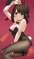 Rule 34 | 1girl, animal ears, apple, black leotard, black pantyhose, bow, bowtie, breasts, brown eyes, brown hair, carrot, cleavage, detached collar, douki-chan (douki-chan), food, fruit, fumyu, ganbare douki-chan, highres, leotard, medium breasts, pantyhose, playboy bunny, rabbit ears, rabbit tail, red bow, red bowtie, solo, strapless, strapless leotard, tail, thighs, traditional bowtie, wrist cuffs