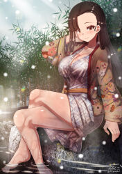 Rule 34 | 1girl, bamboo, barefoot, black hair, blush, breasts, brown eyes, cleavage, closed mouth, crossed legs, girls und panzer, highres, japanese clothes, kimono, large breasts, long hair, looking at viewer, megadeko, nishi kinuyo, onsen, outdoors, sitting, smile, snowing, soaking feet, solo, wet